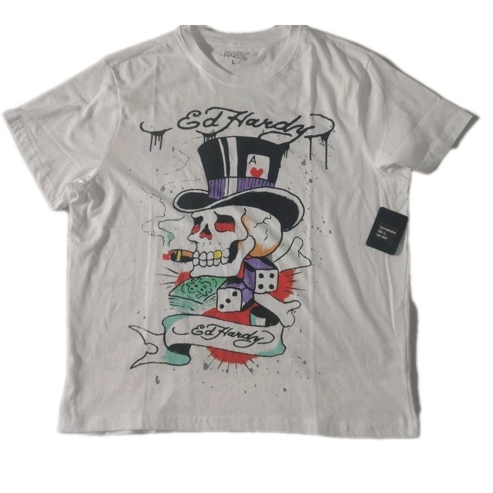 ED HARDY SKULL HAT "Punks Not Dead" White Graphic Tee Shirt Large